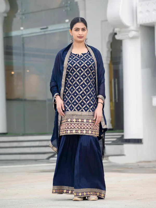 Dark_Blue_Chanderi_Muslin_Embroidered_Straight_Kurta_Gharara_Suit_Set_For_Women