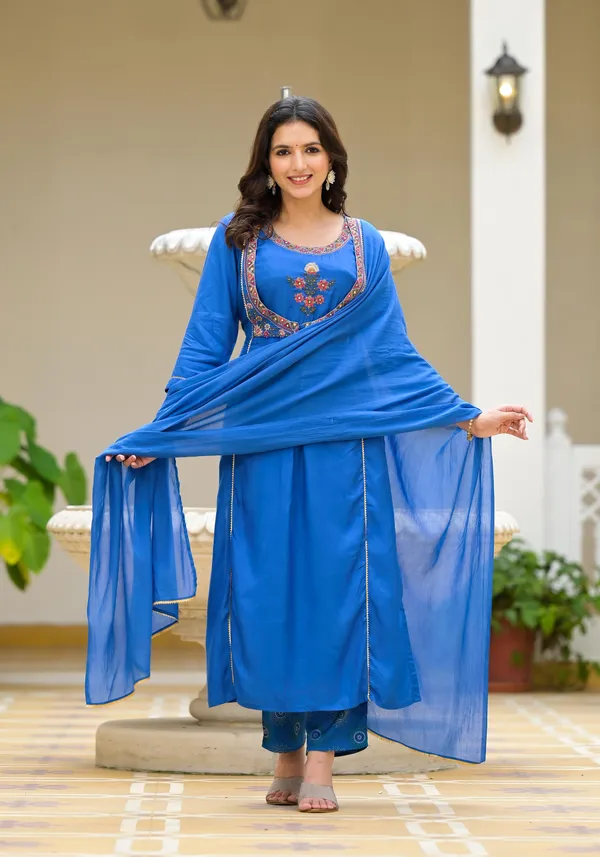 Blue_Muslin_A_Line_Embroidered_Suit_Set_For_Women