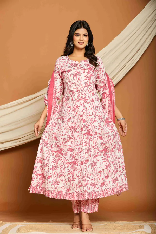 Pink_Cotton_Flared_Printed_Kurta_Pants_Dupatta_Suit_Set_For_Women