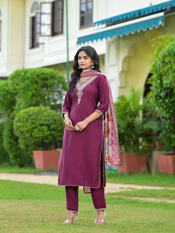Wine_Viscose_Zari_Embroidered_Straight_Kurta_Suit_Set_For_Women
