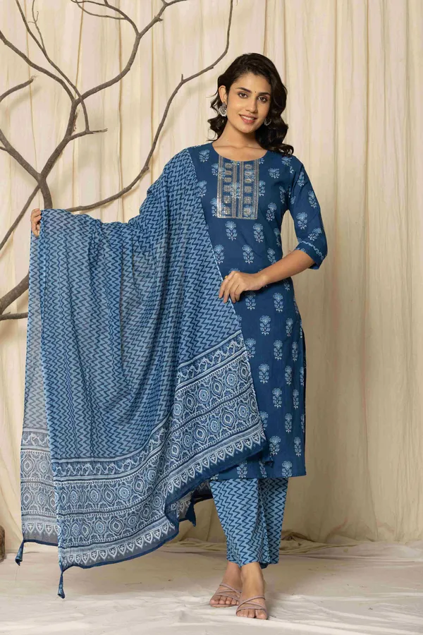Blue_Cotton_Straight_Printed_Kurta_Pants_Dupatta_Suit_Set_For_Women