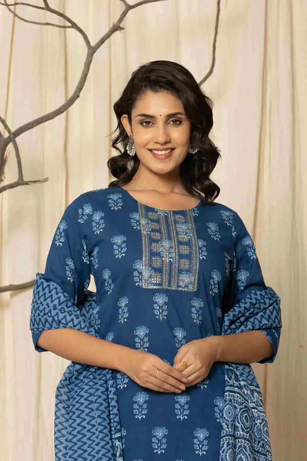 Blue_Cotton_Straight_Printed_Kurta_Pants_Dupatta_Suit_Set_For_Women