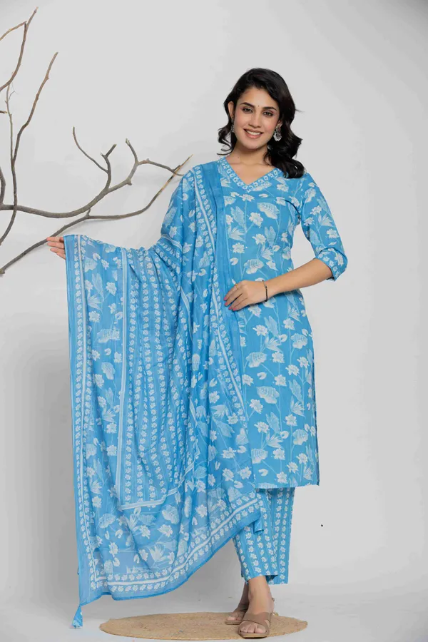 Blue_Cotton_Printed_Straight_Kurta_Pant_Dupatta_Set_For_Women