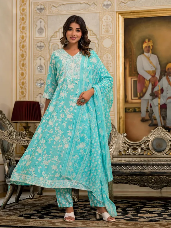 Turquoise_Rayon_Flared_Printed_Suit_Set_For_Women