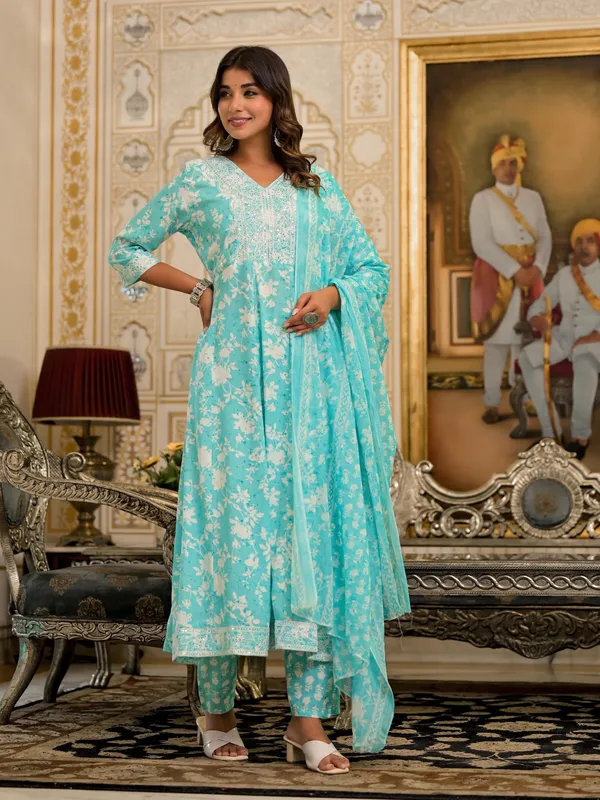 Turquoise_Rayon_Flared_Printed_Suit_Set_For_Women