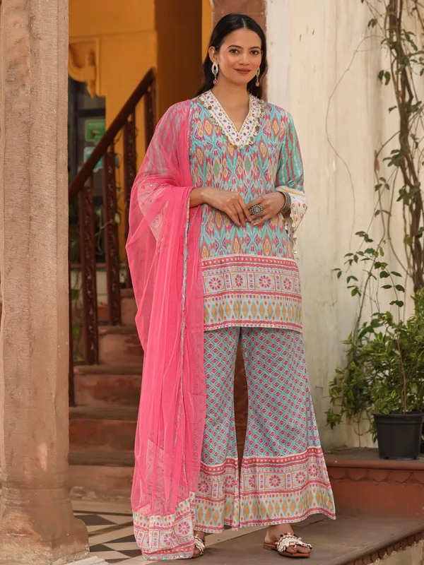 Blue_Pink_Cotton_Embroidered_Printed_Short_Kurta_Palazzo_Suit_Set_For_Women