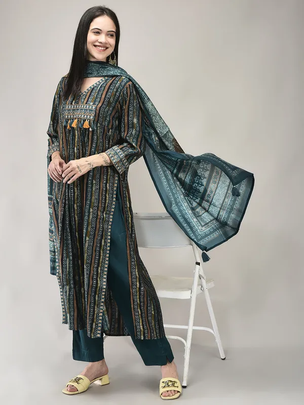 Dark_Green_Modal_Naira_Cut_Printed_Kurta_Suit_Set_For_Women