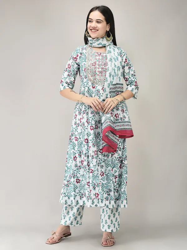 Turquoise_Cotton_Printed_Flared_Kurta_Pant_Dupatta_Set_For_Women