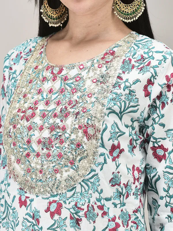 Turquoise_Cotton_Printed_Flared_Kurta_Pant_Dupatta_Set_For_Women