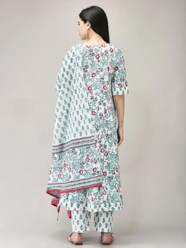 Turquoise_Cotton_Printed_Flared_Kurta_Pant_Dupatta_Set_For_Women