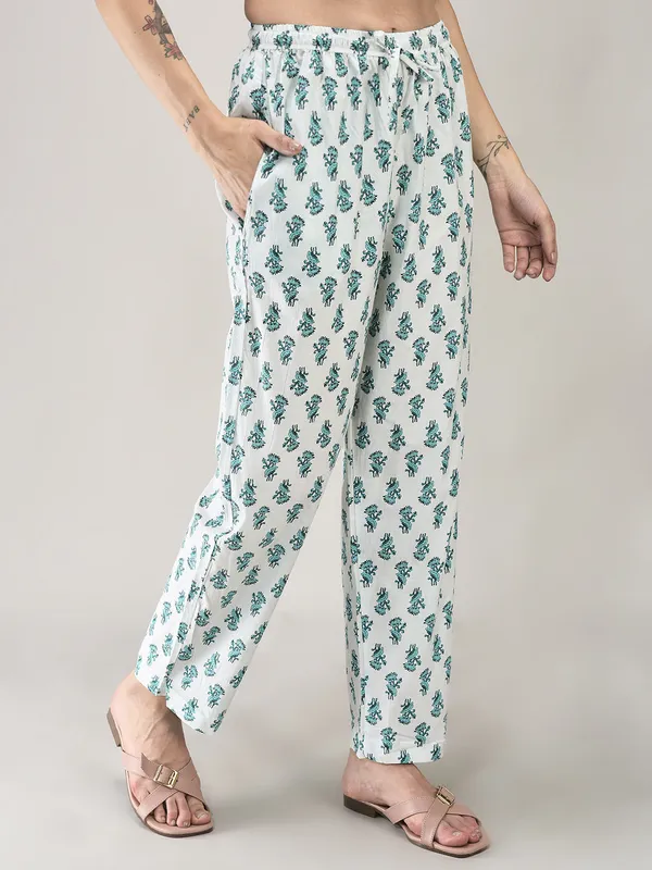 Turquoise_Cotton_Printed_Flared_Kurta_Pant_Dupatta_Set_For_Women