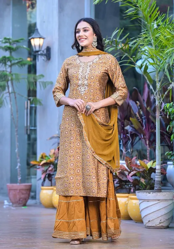 Mustard_Cotton_Blend_Embroidered_Kurta_Sharara_Set_For_Women