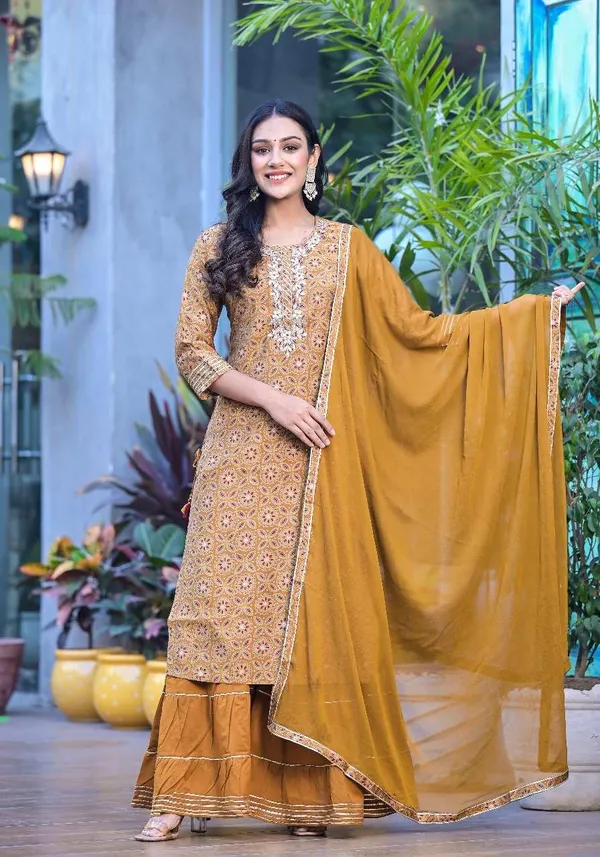 Mustard_Cotton_Blend_Embroidered_Kurta_Sharara_Set_For_Women