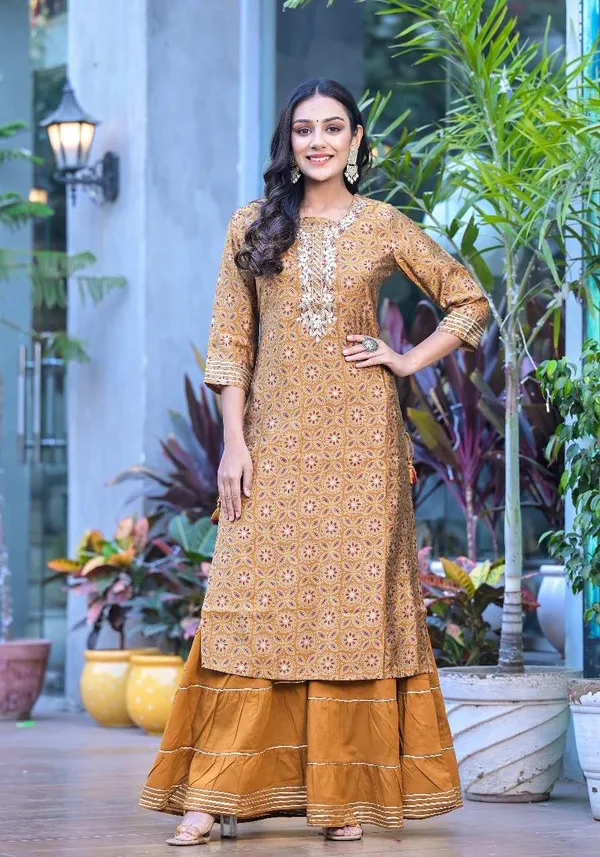Mustard_Cotton_Blend_Embroidered_Kurta_Sharara_Set_For_Women