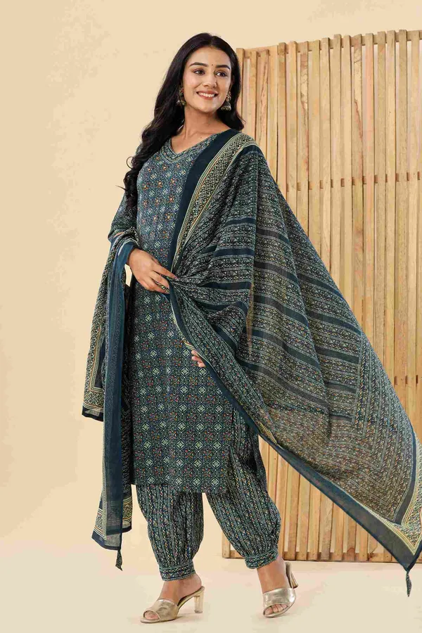 Dark_Blue_Cotton_Straight_Printed_Kurta_Afghani_Pants_Dupatta_Suit_Set_For_Women
