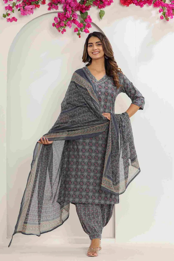 Grey_Cotton_Straight_Printed_Kurta_Afghani_Pants_Dupatta_Suit_Set_For_Women