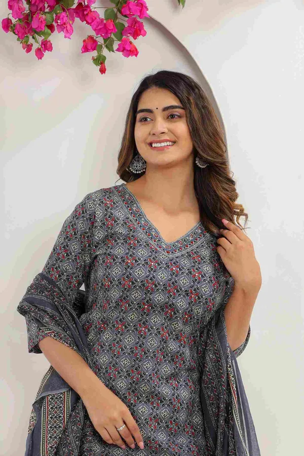 Grey_Cotton_Straight_Printed_Kurta_Afghani_Pants_Dupatta_Suit_Set_For_Women