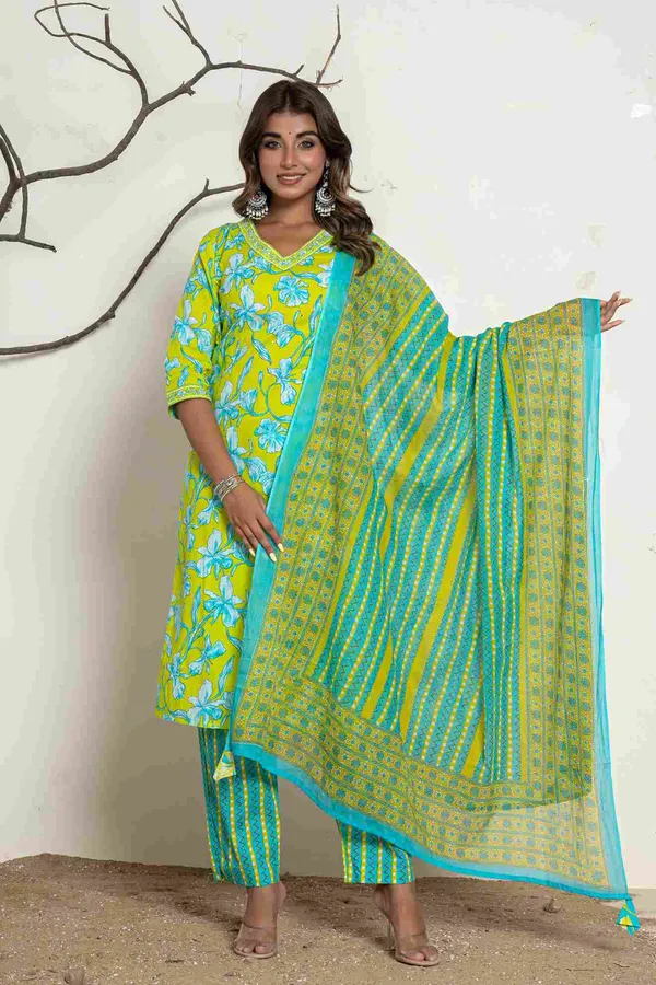 Lime_Yellow_Cotton_Straight_Printed_Suit_Set_For_Women