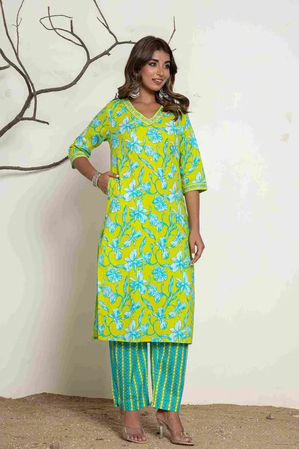 Lime_Yellow_Cotton_Straight_Printed_Suit_Set_For_Women