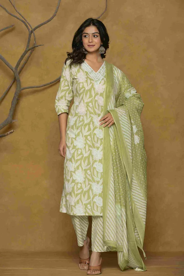 Olive_Green_Cotton_Straight_Printed_Kurta_Pants_Dupatta_Suit_Set_For_Women