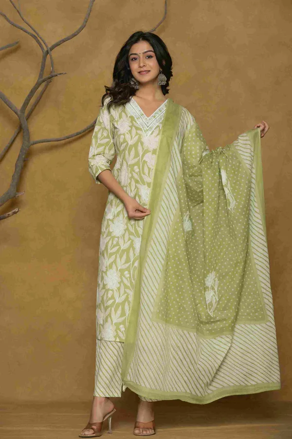 Olive_Green_Cotton_Straight_Printed_Kurta_Pants_Dupatta_Suit_Set_For_Women