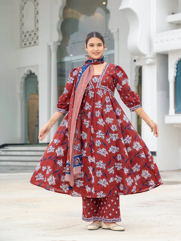 Maroon_Cotton_Flared_Kurta_Printed_Suit_Set_With_Palazzo_Dupatta_For_Women