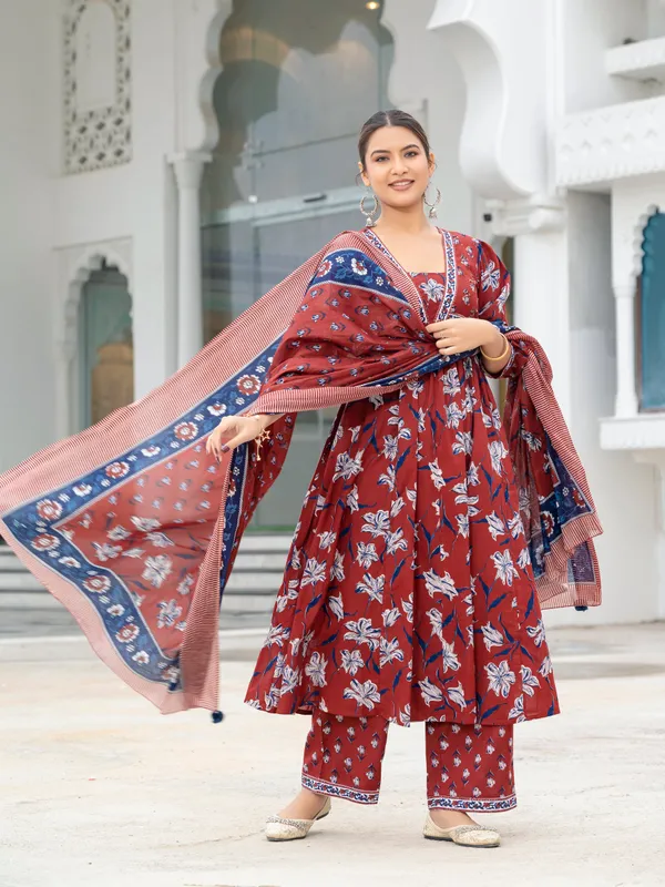 Maroon_Cotton_Flared_Kurta_Printed_Suit_Set_With_Palazzo_Dupatta_For_Women