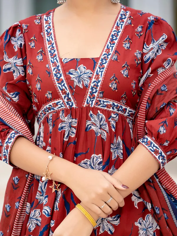 Maroon_Cotton_Flared_Kurta_Printed_Suit_Set_With_Palazzo_Dupatta_For_Women