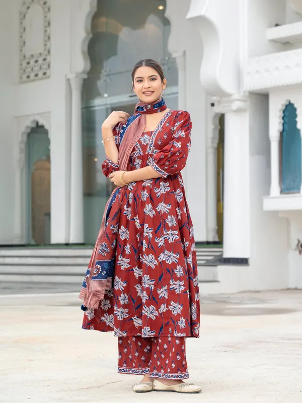 Maroon_Cotton_Flared_Kurta_Printed_Suit_Set_With_Palazzo_Dupatta_For_Women