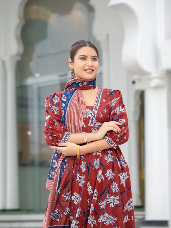 Maroon_Cotton_Flared_Kurta_Printed_Suit_Set_With_Palazzo_Dupatta_For_Women