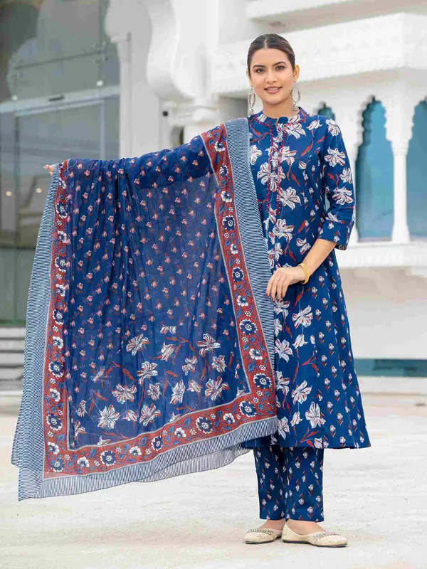 Blue_Cotton_Printed_A_Line_Kurta_Pant_Dupatta_Set_For_Women