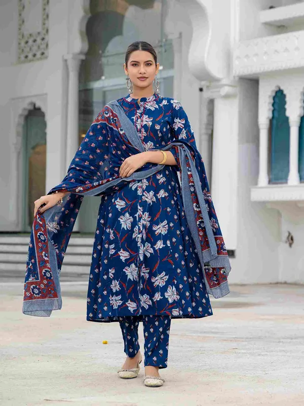 Blue_Cotton_Printed_A_Line_Kurta_Pant_Dupatta_Set_For_Women