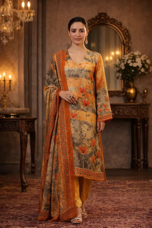 Mustard_Cotton_Straight_Printed_Kurta_Pants_Dupatta_Suit_Set_For_Women