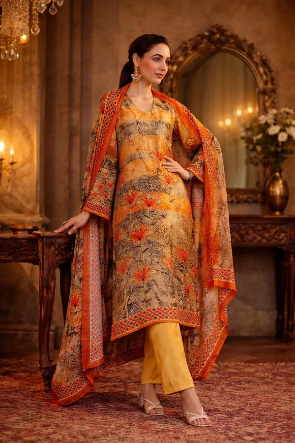 Mustard_Cotton_Straight_Printed_Kurta_Pants_Dupatta_Suit_Set_For_Women