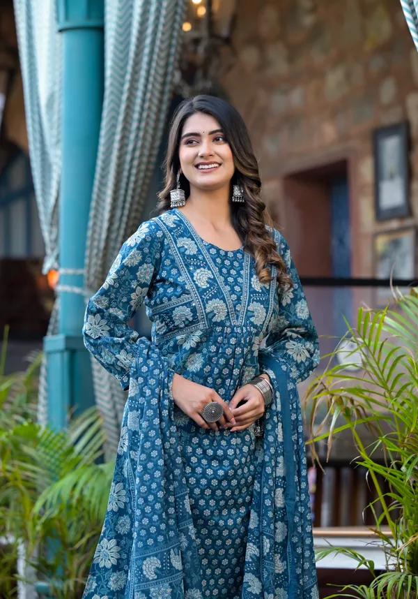 Teal_Blue_Cotton_Floral_Straight_Kurta_Pant_Dupatta_Set_For_Women