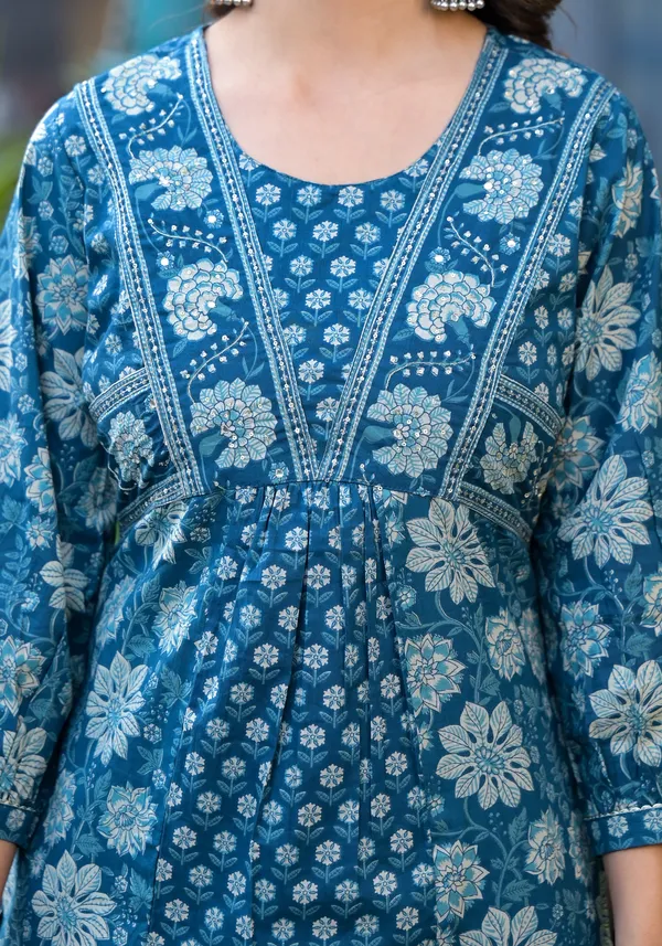 Teal_Blue_Cotton_Floral_Straight_Kurta_Pant_Dupatta_Set_For_Women