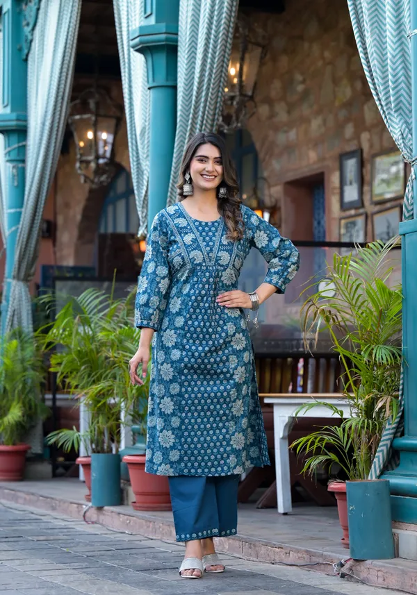 Teal_Blue_Cotton_Floral_Straight_Kurta_Pant_Dupatta_Set_For_Women