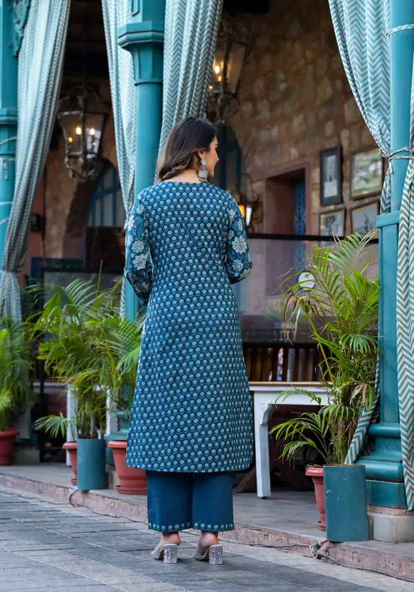 Teal_Blue_Cotton_Floral_Straight_Kurta_Pant_Dupatta_Set_For_Women