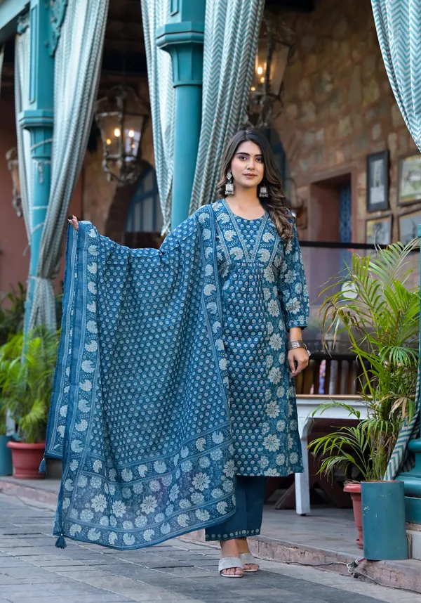 Teal_Blue_Cotton_Floral_Straight_Kurta_Pant_Dupatta_Set_For_Women