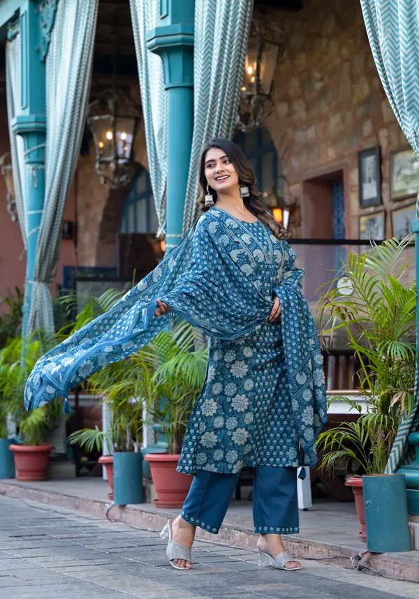Teal_Blue_Cotton_Floral_Straight_Kurta_Pant_Dupatta_Set_For_Women