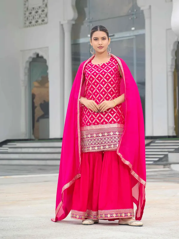 Hot_Pink_Chanderi_Muslin_Embroidered_Gharara_Suit_Set_For_Women