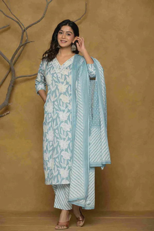 Sky_Blue_Cotton_Straight_Printed_Kurta_Pants_Dupatta_Suit_Set_For_Women
