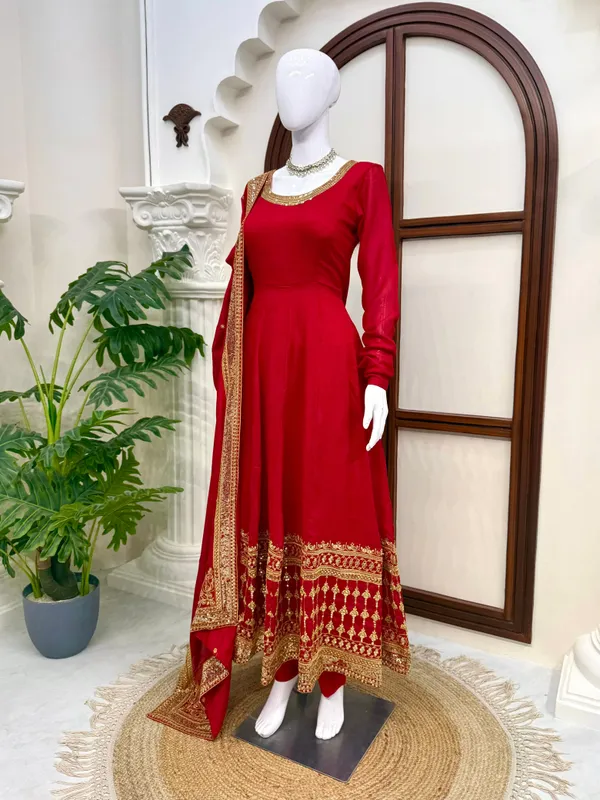 Premium_Red_Vichitra_Silk_Embroidered_Gown_With_Pant_&_Dupatta_Set