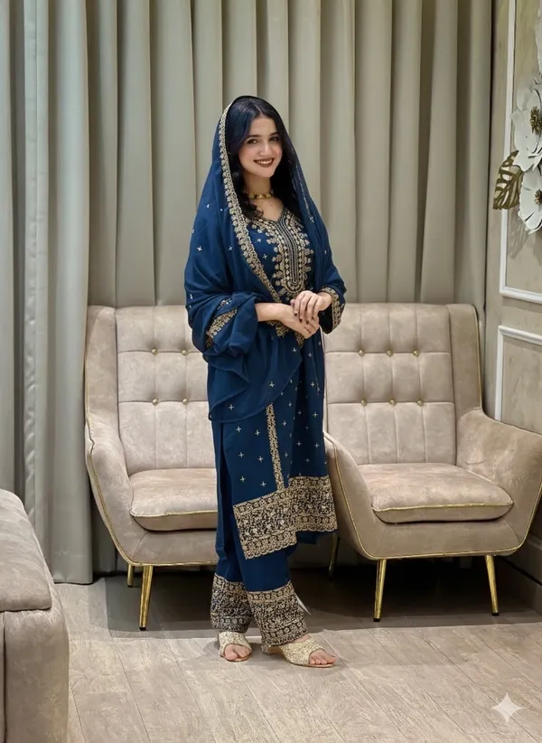 Festival_Special_Designer_Heavy_Embroidery_Sequence_Work_Top_Pant_With_Dupatta_Set_Dark_Blue