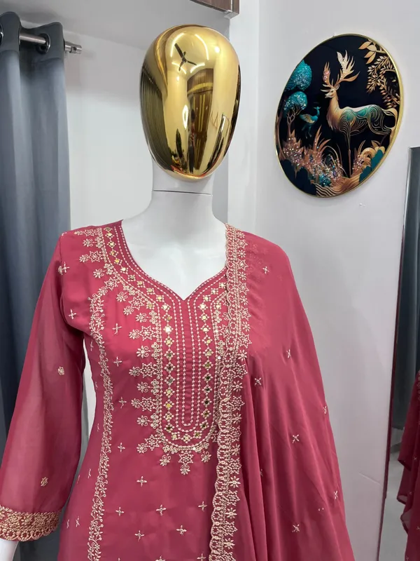 Festival_Special_Designer_Heavy_Embroidery_Sequence_Work_Top_Pant_With_Dupatta_Set_Dark_Pink