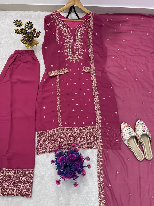 Festival_Special_Designer_Heavy_Embroidery_Sequence_Work_Top_Pant_With_Dupatta_Set_Dark_Pink