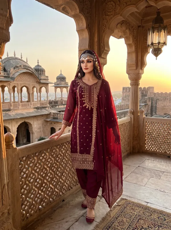 Festival_Special_Designer_Heavy_Embroidery_Sequence_Work_Top_Pant_With_Dupatta_Set_Dark_Pink
