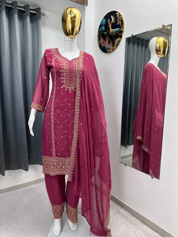 Festival_Special_Designer_Heavy_Embroidery_Sequence_Work_Top_Pant_With_Dupatta_Set_Dark_Pink