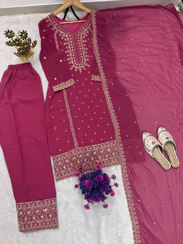 Festival_Special_Designer_Heavy_Embroidery_Sequence_Work_Top_Pant_With_Dupatta_Set_Dark_Pink