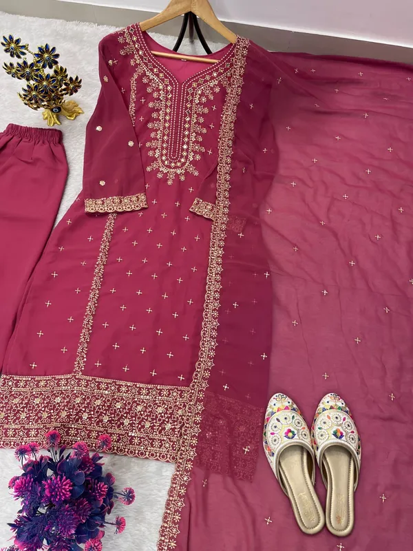 Festival_Special_Designer_Heavy_Embroidery_Sequence_Work_Top_Pant_With_Dupatta_Set_Dark_Pink